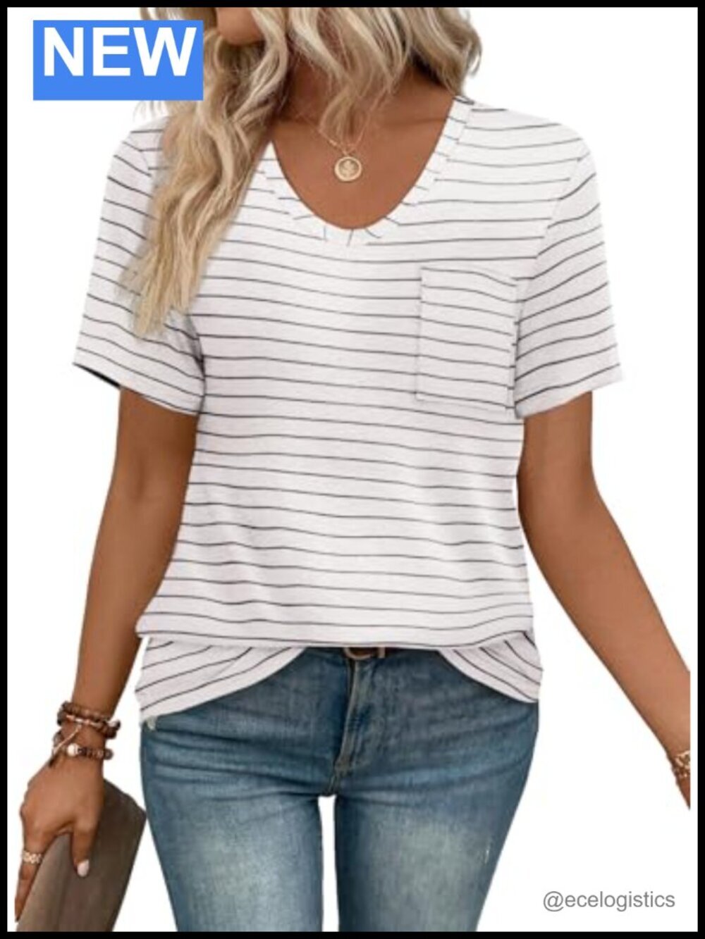Women's Short Sleeve V-Neck Pocket Tee - Loose Fit Summer Top